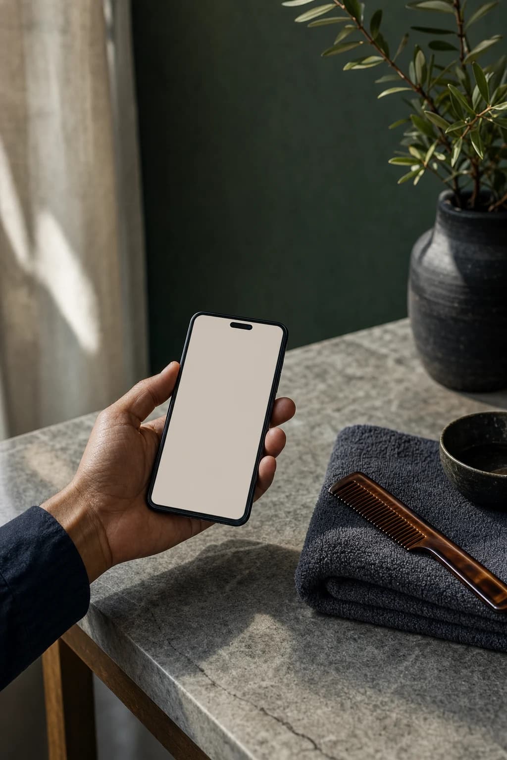 A hand holding a phone beside a grooming comb and folded towel