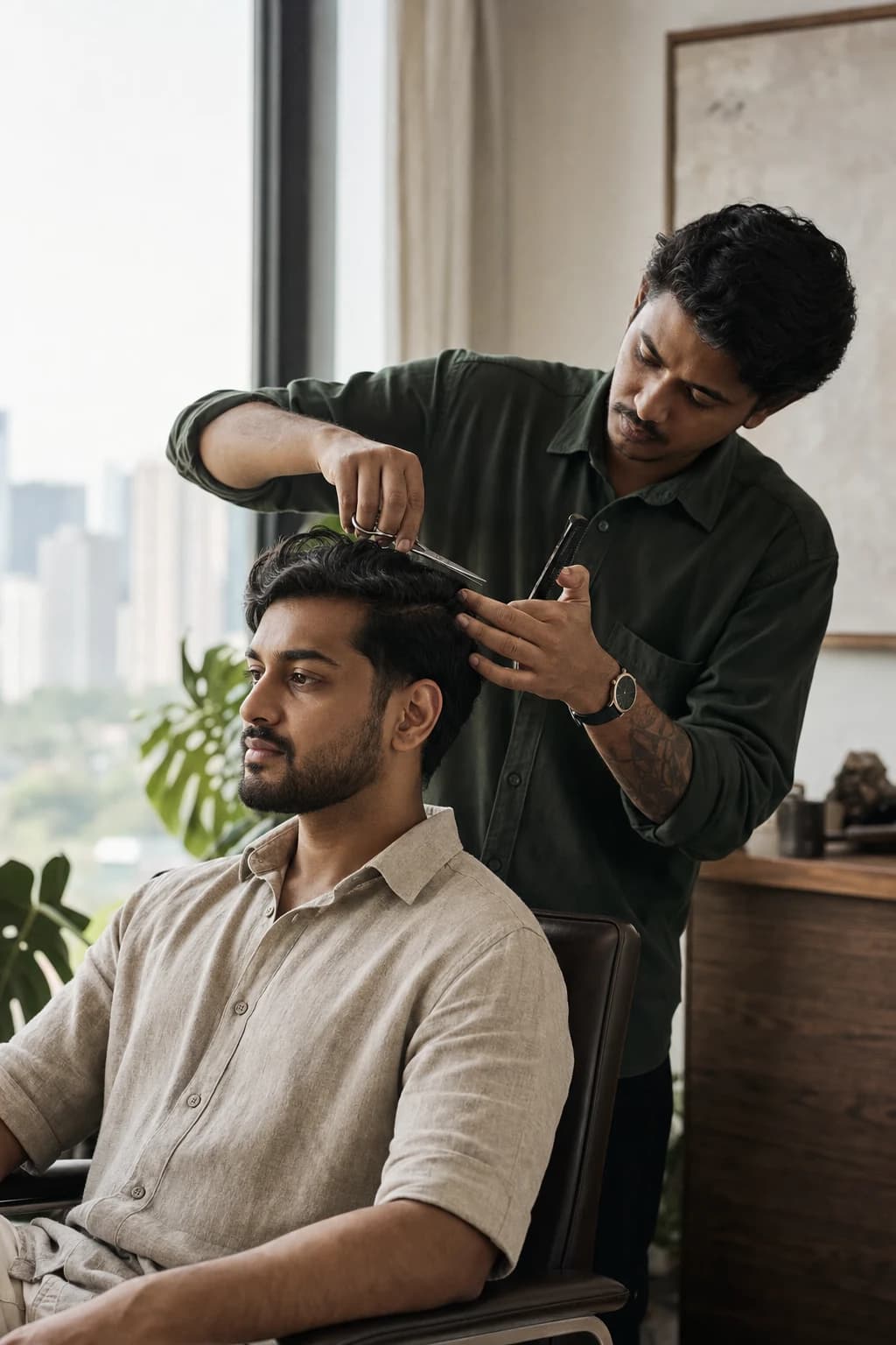 A barber giving a haircut in a bright home interior