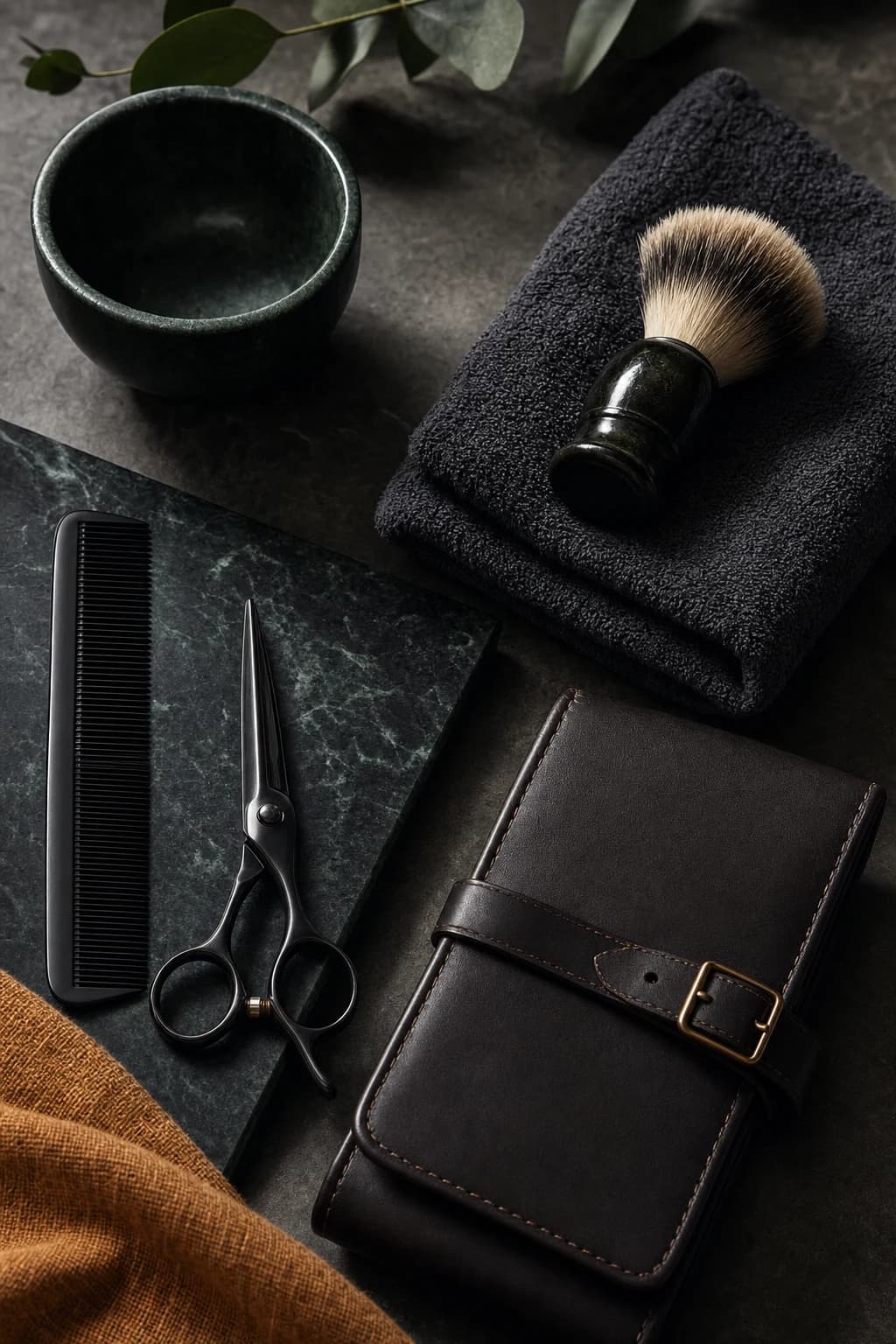 Barber tools arranged on a dark stone surface